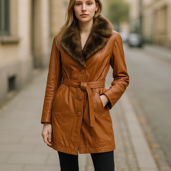 Vintage 70’s Cognac Leather Trench Coat Short Fur Collar Size 14 - Picture 15 of 15